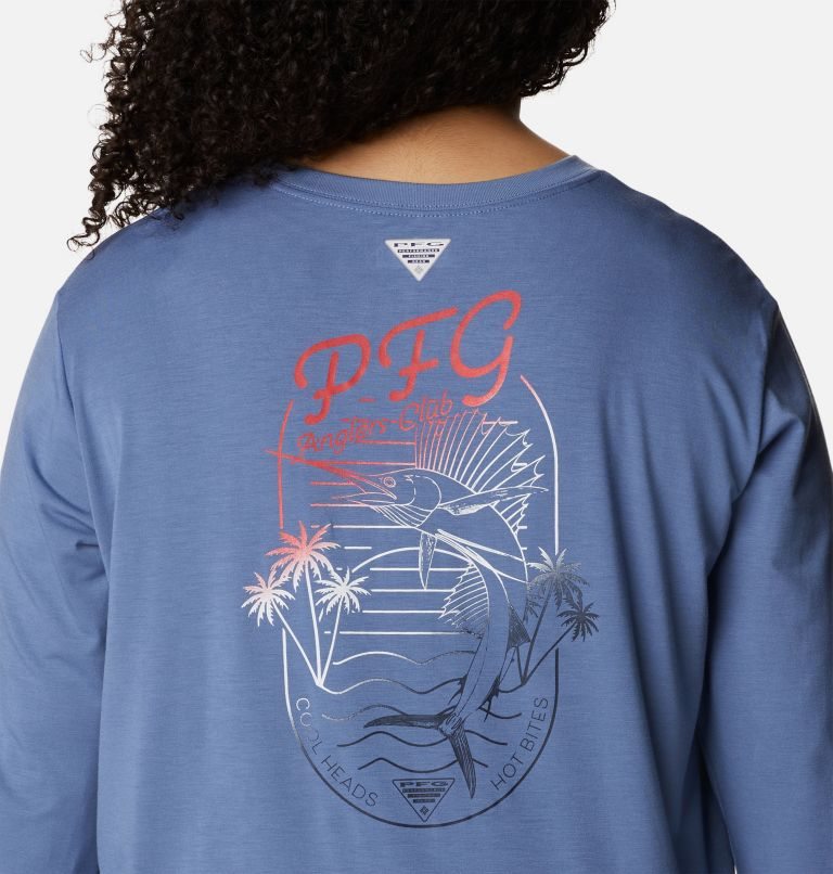 Women's Columbia PFG Slack Water Graphic Long Sleeve Sweatshirts Blue | Plus Size CA-F853C